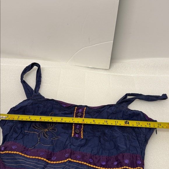 Viola Embroidered 100% Cotton Navy with gold & purple Sleeveless Dress size 2 - Picture 3 of 11